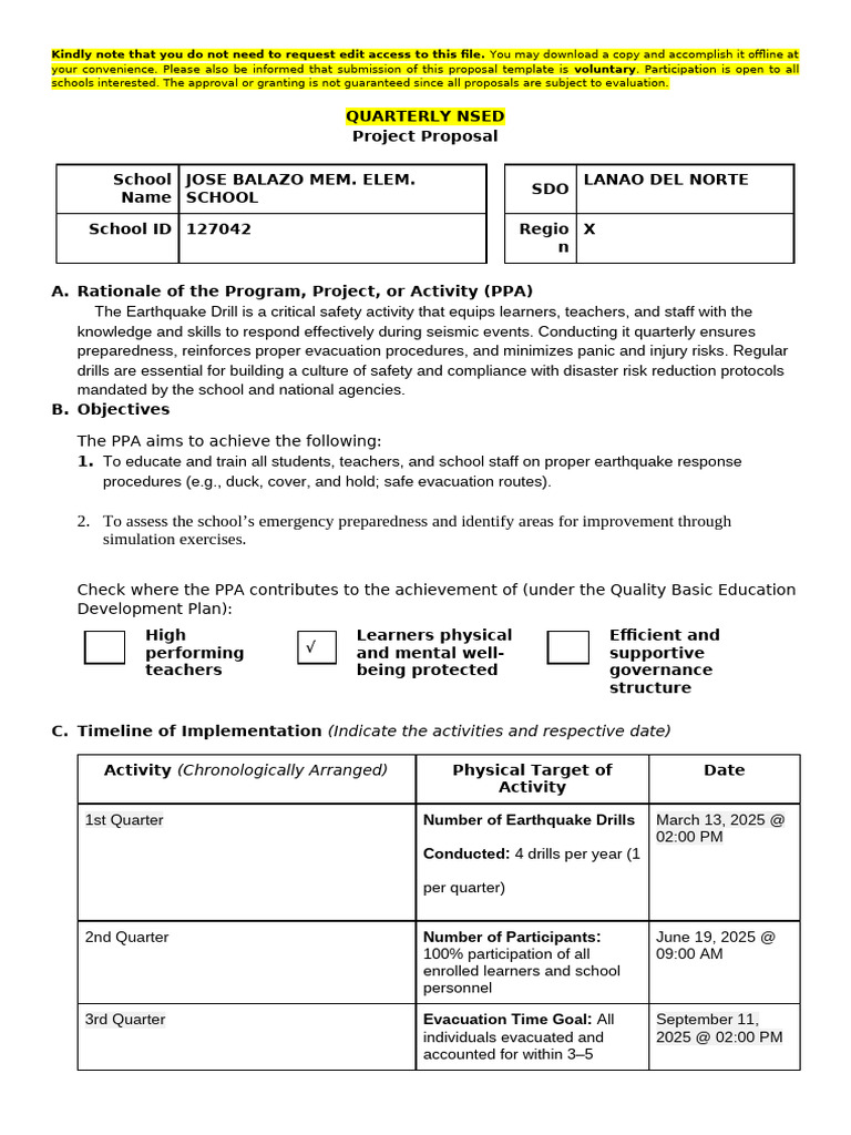 Earthquake Drill Proposal Template | PDF | Emergency Management | Safety