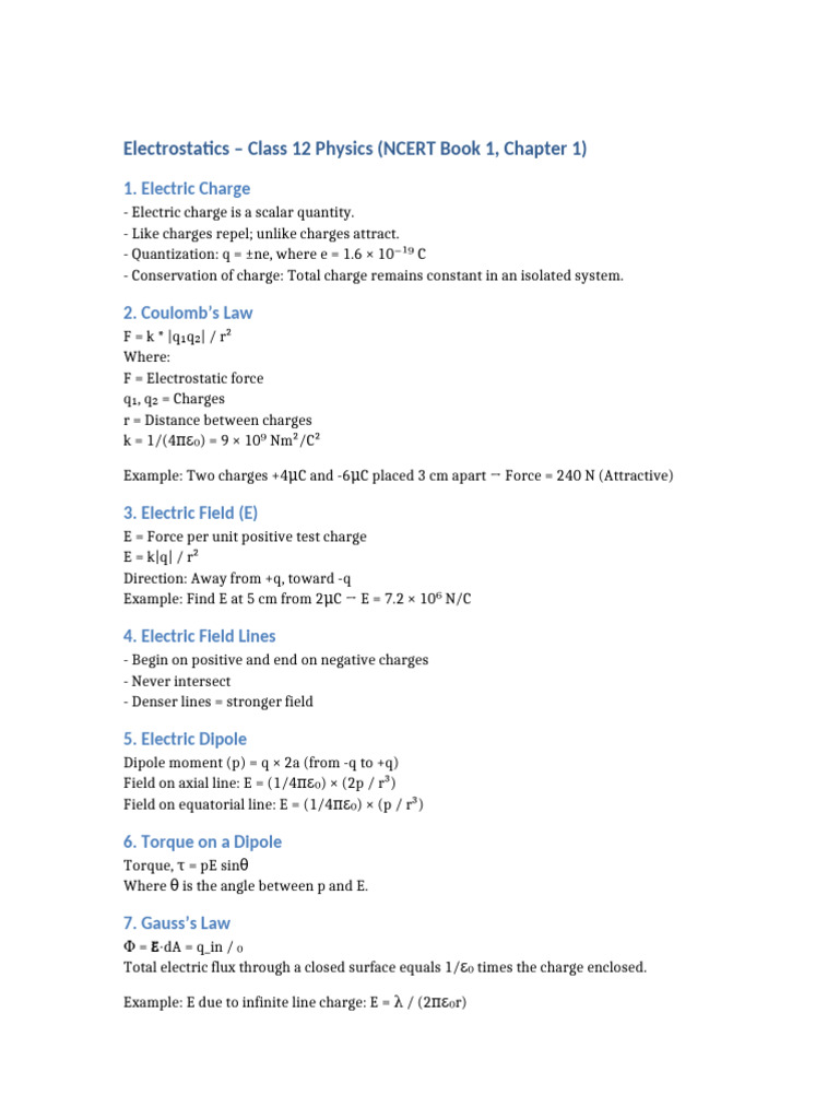Electrostatics Concepts for Class 12 Physics | PDF | Flux | Electric Field
