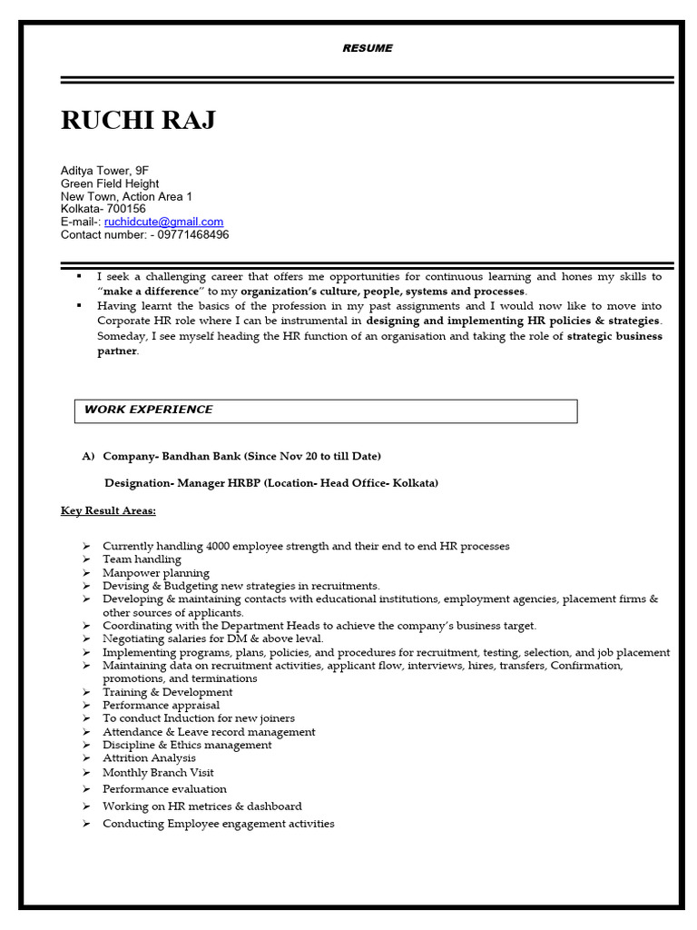 HR Manager Resume of Ruchi Raj | PDF | Recruitment | Performance Appraisal