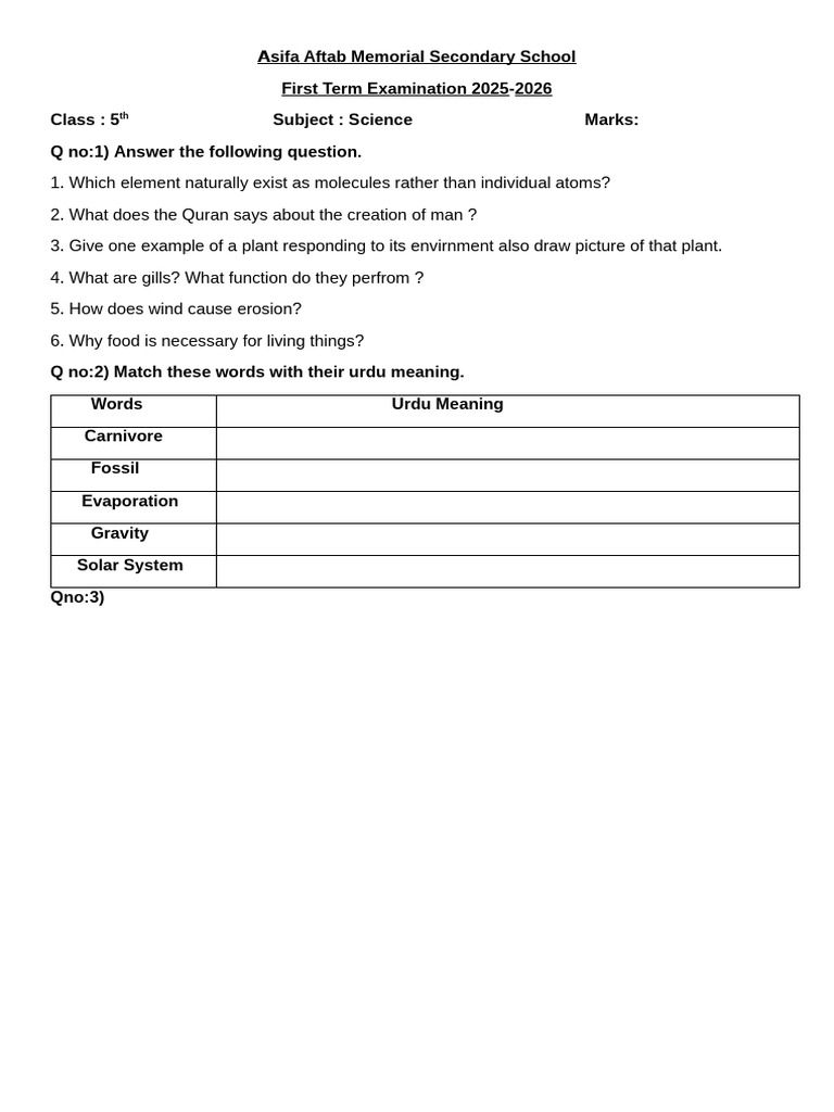5th Class Science Exam Paper 2026 | PDF