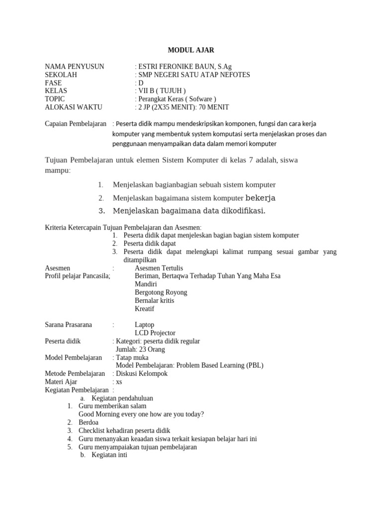 Modul Ajar Sistem Komputer Kelas 7 | PDF