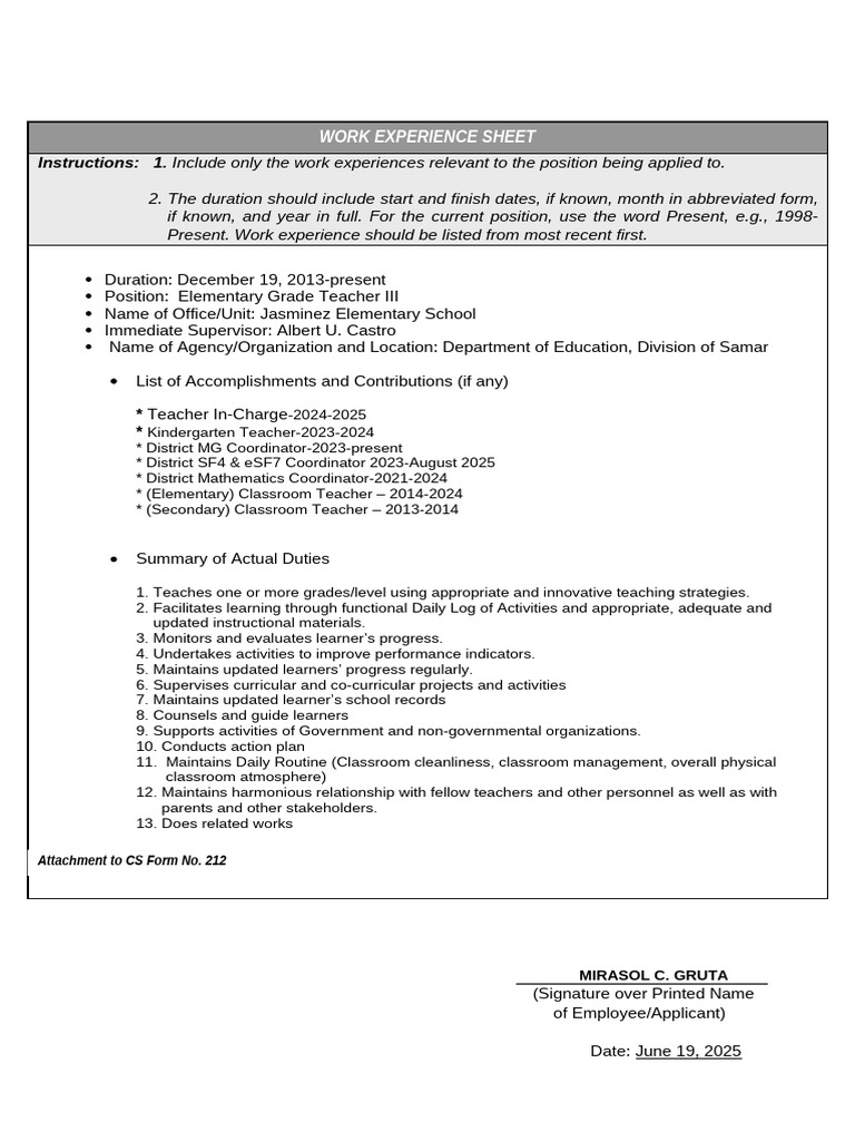 Teacher Work Experience Summary | PDF | Teachers | Classroom