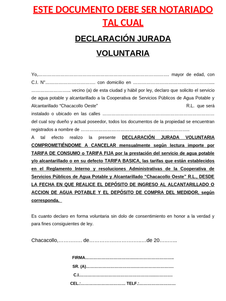 0° Declaracion Jurada para Los Servicios | PDF