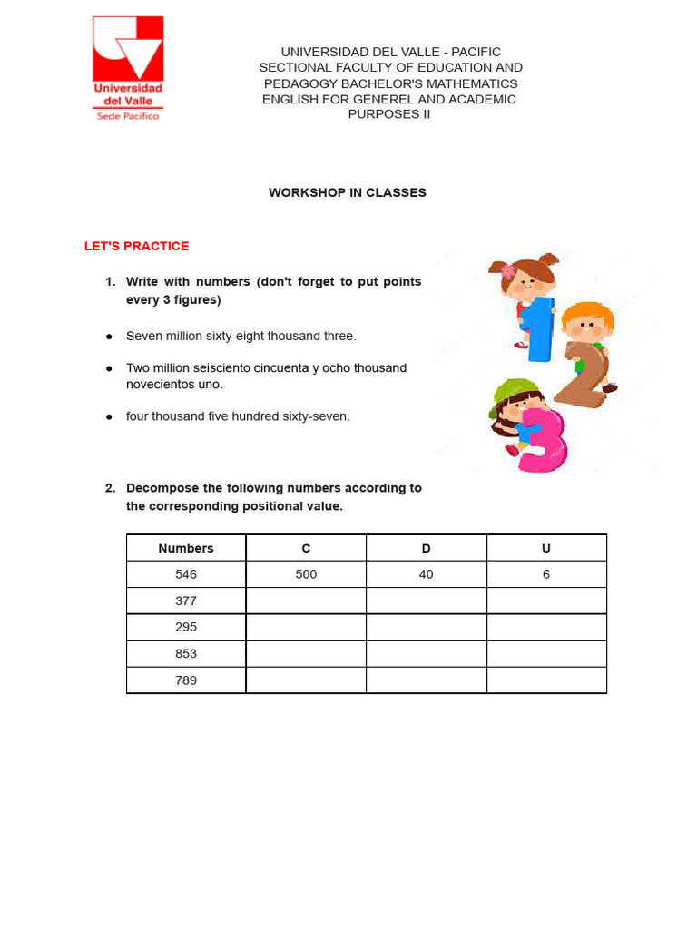 Math Workshop: Number Practice Exercises | PDF
