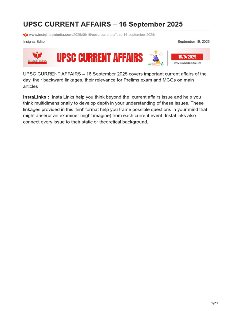 UPSC Current Affairs: 16 Sept 2025 | PDF | Coast Guard | Subsidy
