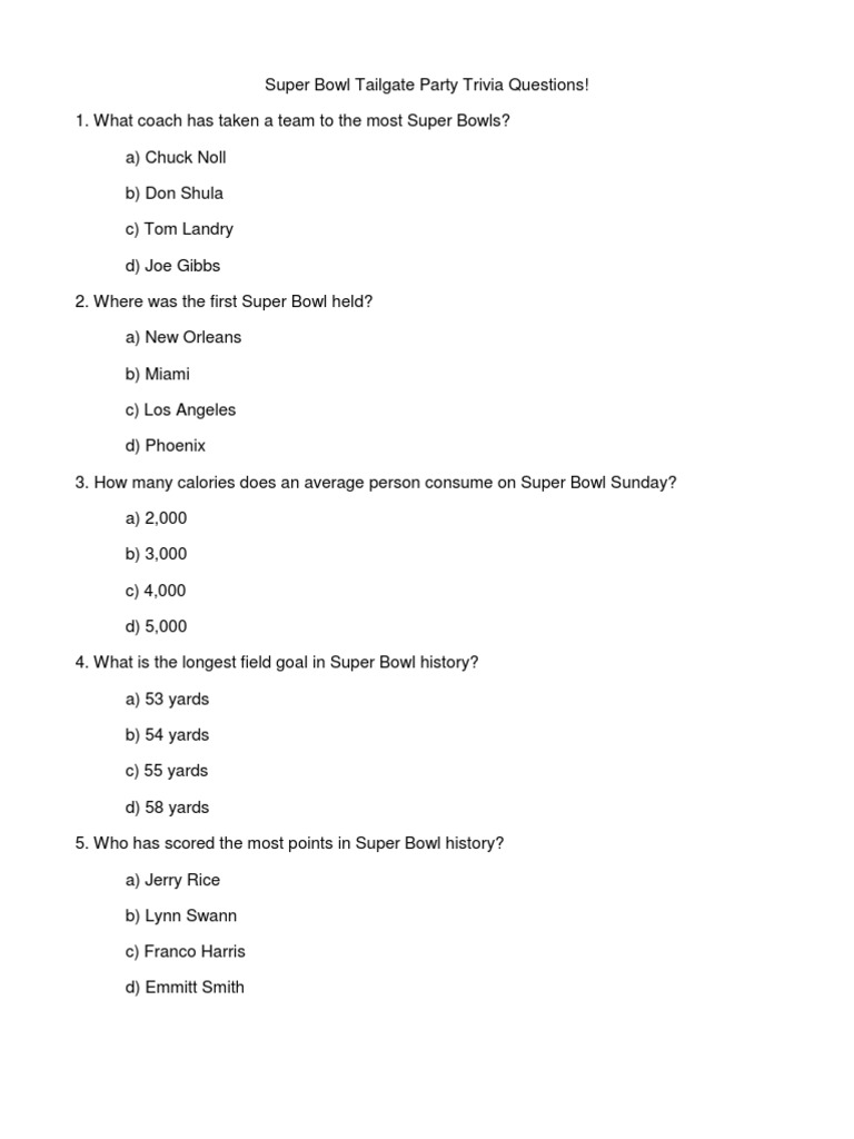Super Bowl Tailgate Party Trivia Questions PDF Super Bowl Dallas