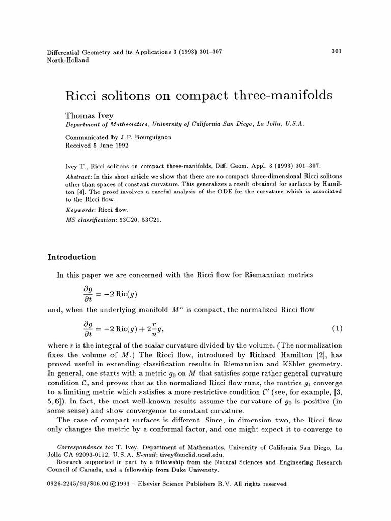 Ricci Solitons on Compact 3-Manifolds | PDF | Curvature | Metric Geometry