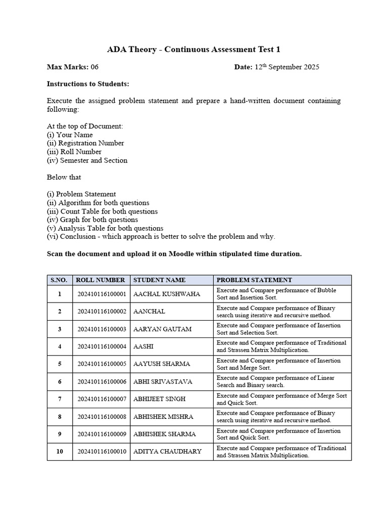 ADA Theory Continuous Assessment Test 1 | PDF | Computer Programming ...