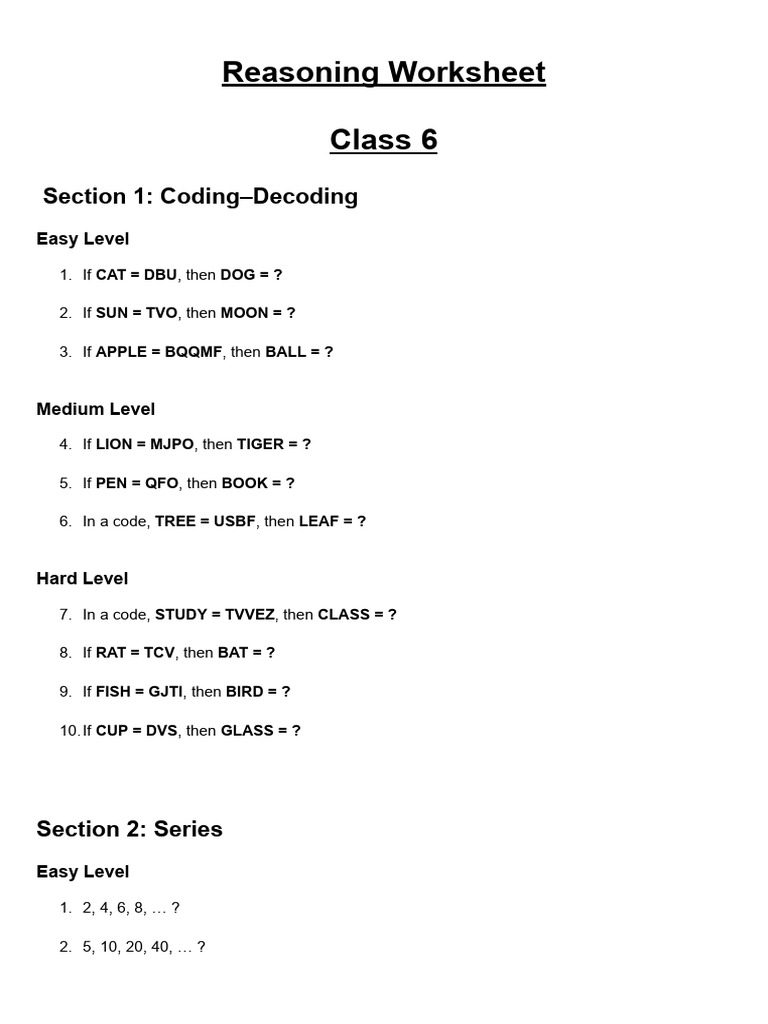 Reasoning Worksheet for Class 6 Students | PDF
