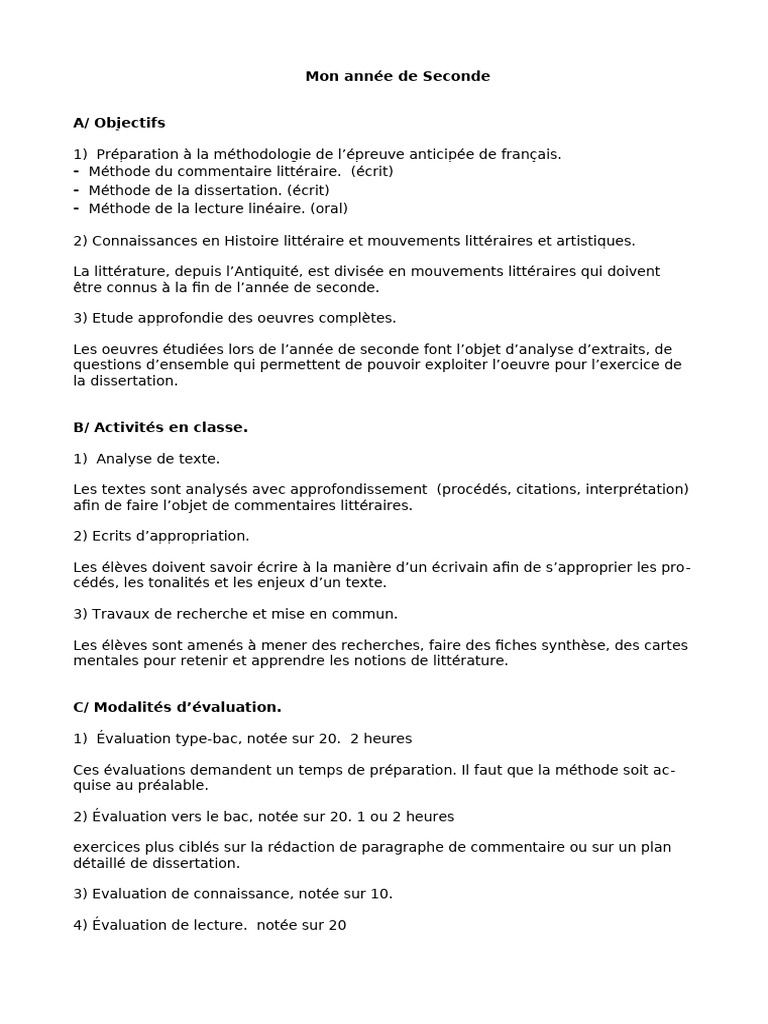 Programme de français en Seconde | PDF | Enseignement des Arts libéraux