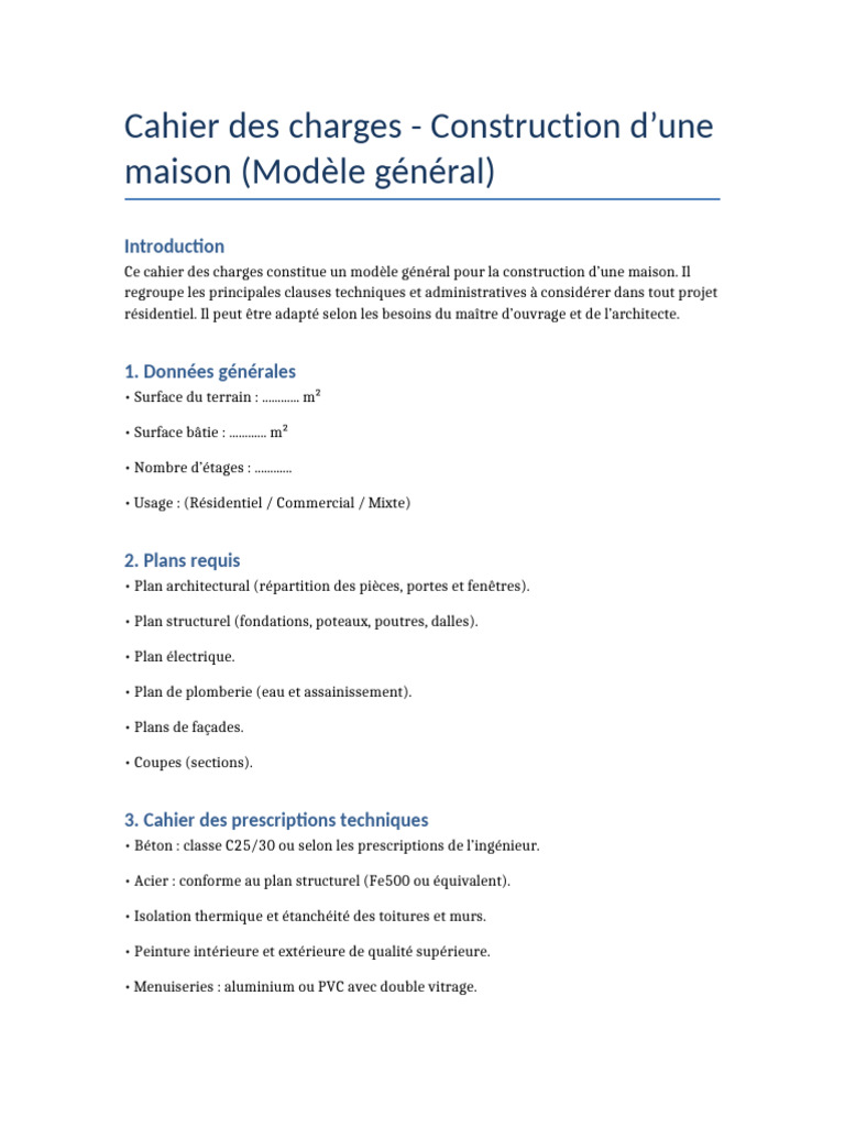 Cahier des charges pour construction maison | PDF