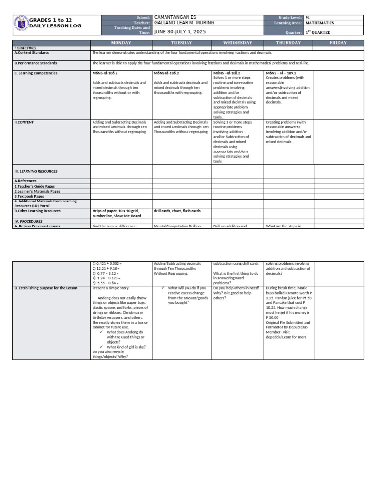 Grade VI Daily Math Lesson Plan | PDF | Subtraction