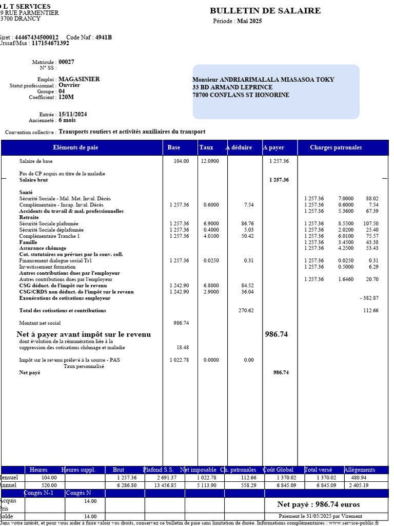 Bulletin de salaire Mai 2025 - Andriaramalala | PDF | Impôt sur le ...
