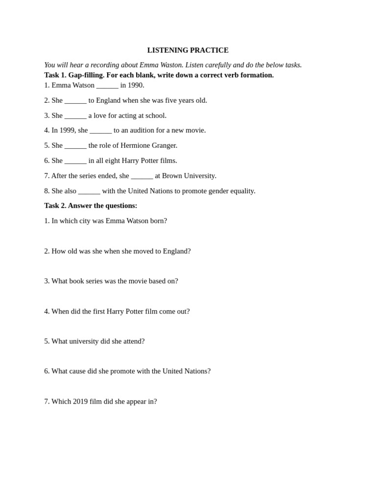 Emma Watson Listening Practice Exercise | PDF