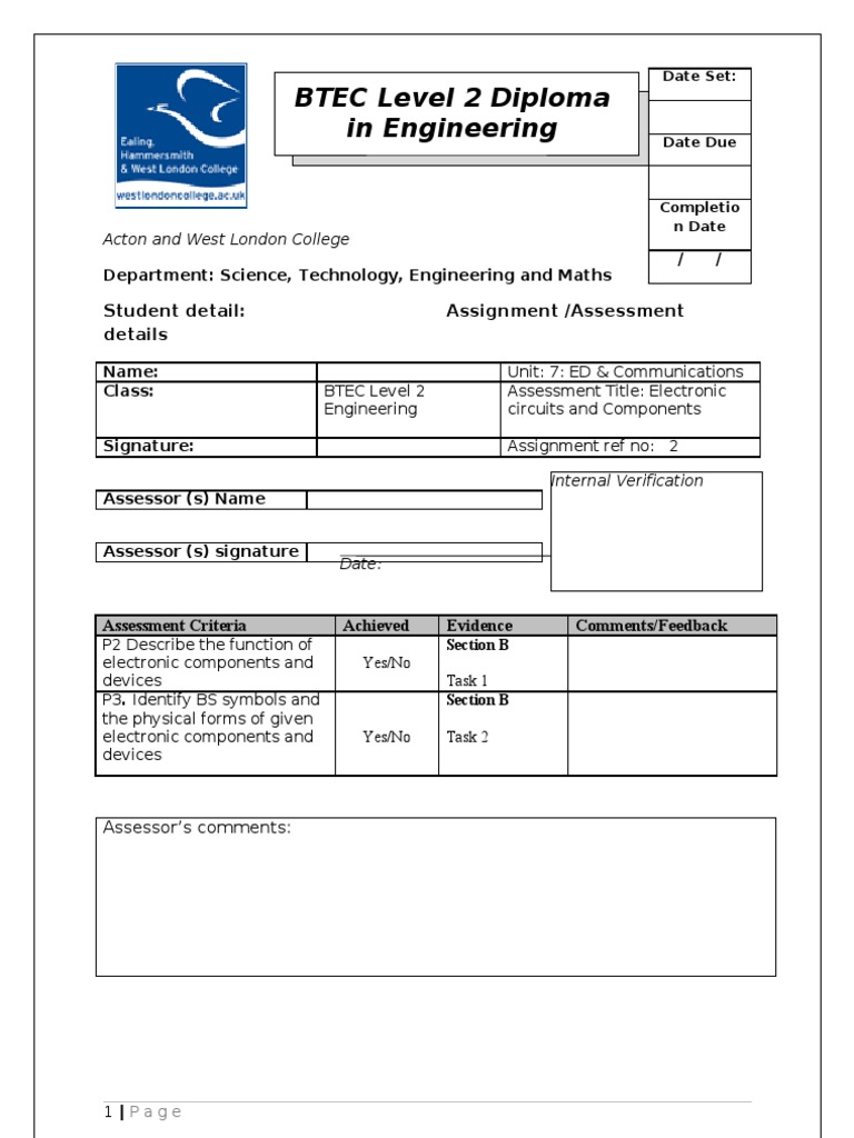 BTEC Level 2 Diploma in Engineering: Student Detail: Assignment ...