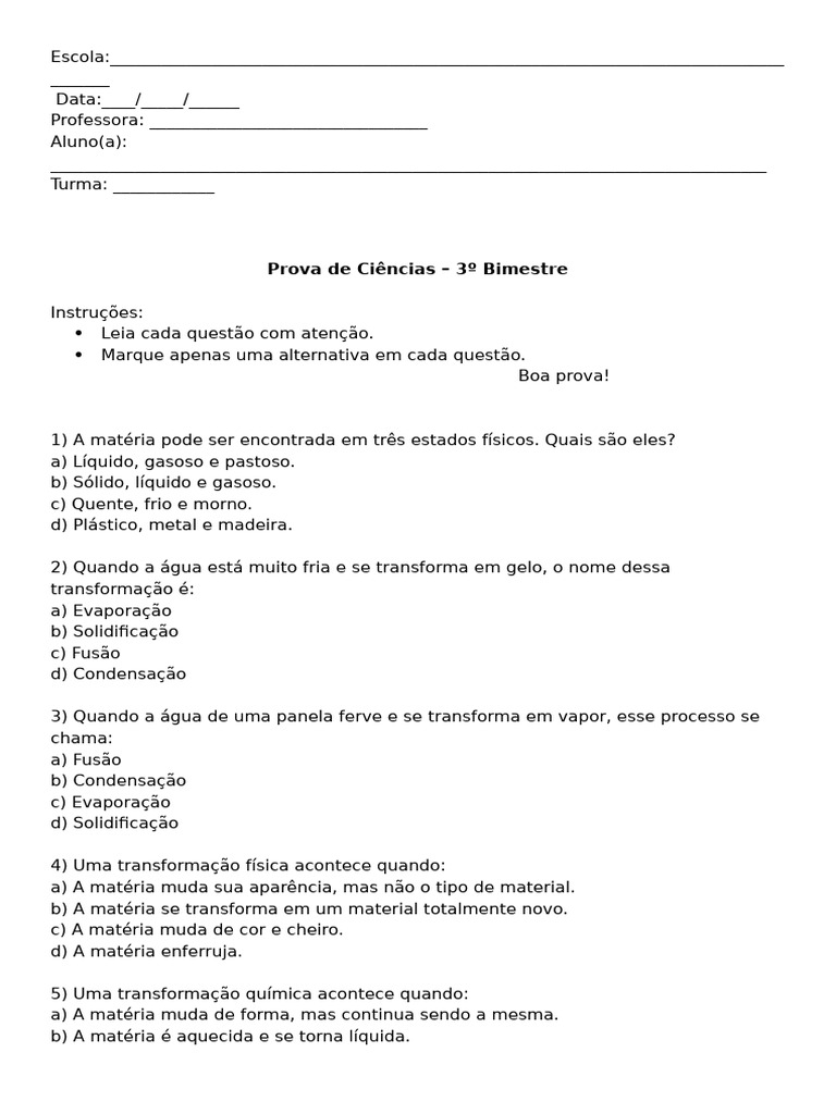 Avaliação de Ciências Com Gabarito 3bim 4ano | PDF