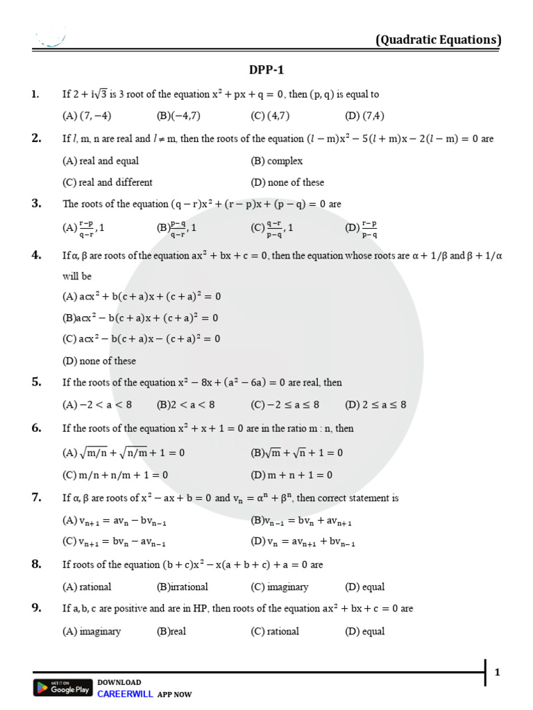 Quadratic Equations Practice Questions | PDF | Elementary Mathematics ...