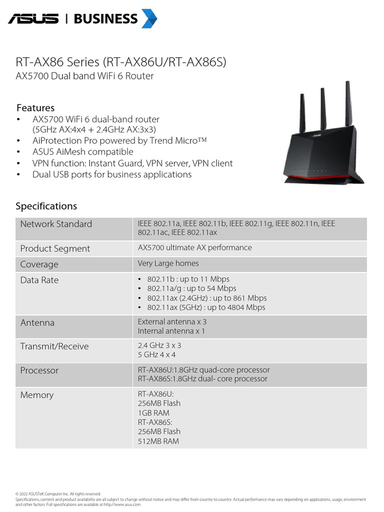RT-AX86 Series Router Specifications | PDF | Ieee 802.11 | Wi Fi
