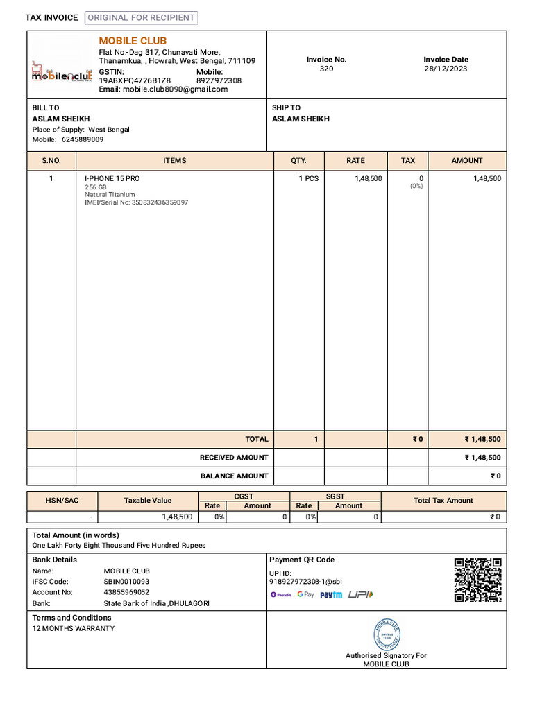 Mobile Club Invoice for iPhone 15 Pro | PDF | Economy Of India | Taxation