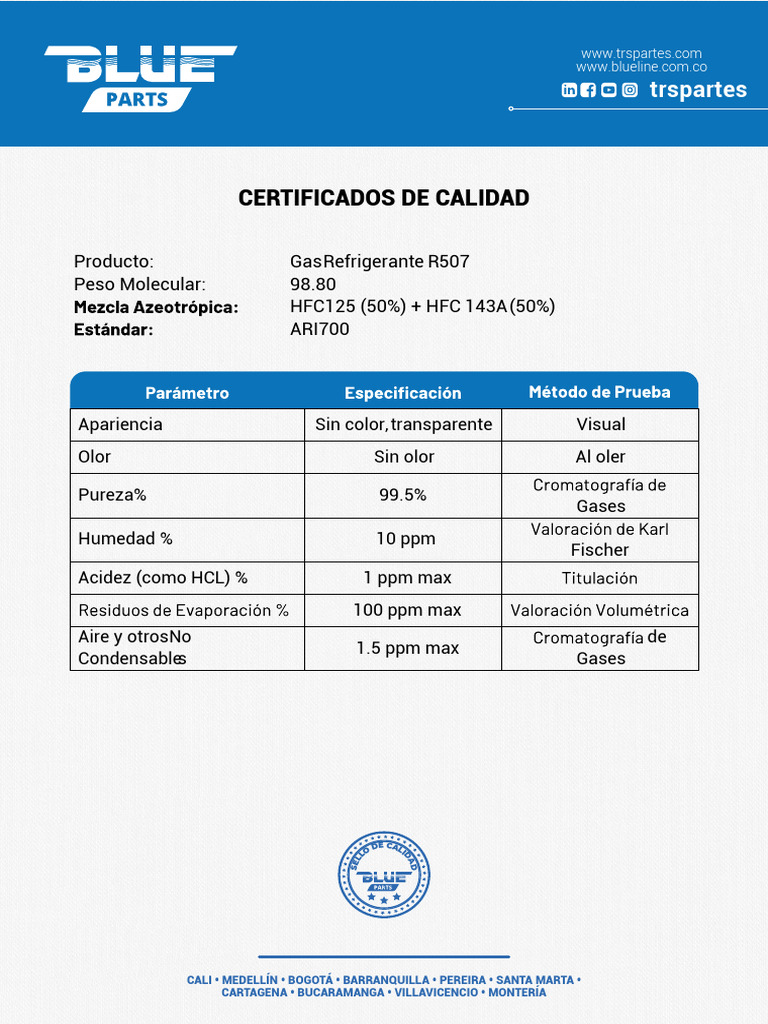Gas Refrigerante R507: Especificaciones y Calidad | PDF