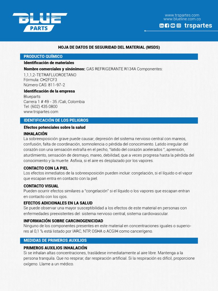 MSDS Gas Refrigerante R134A: Peligros y Primeros Auxilios | PDF ...