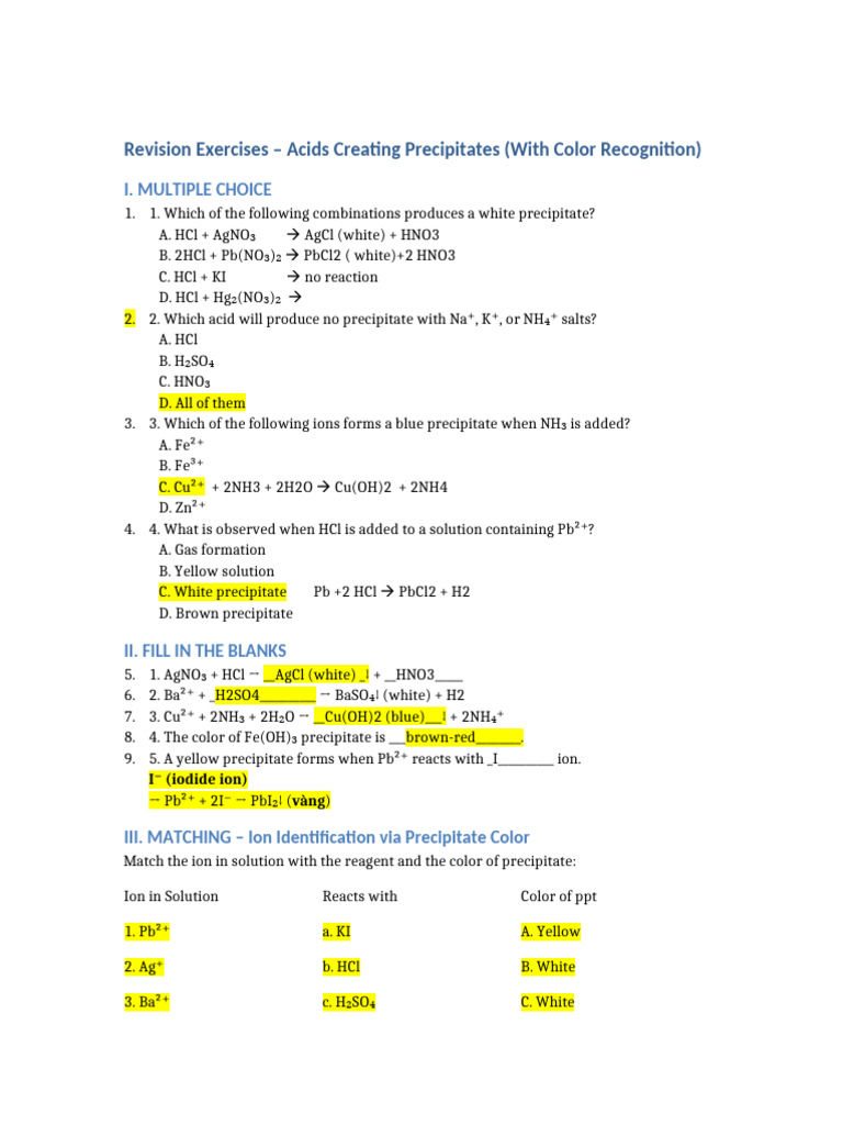 Acid Precipitate Reactions and Colors | PDF | Precipitation (Chemistry ...