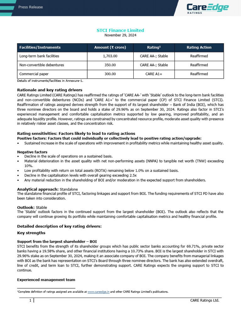 STCI Finance Ltd. Rating Reaffirmation Report | PDF | Loans | Banks