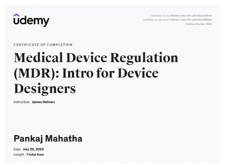 Udemy - Medical Device Regulation (MDR) Intro For Device Designers | PDF