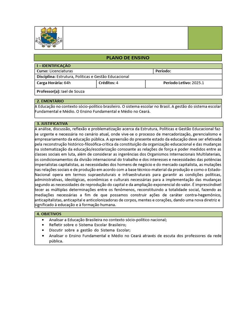 Plano de Ensino 2025 1 | PDF | Brasil | Estado