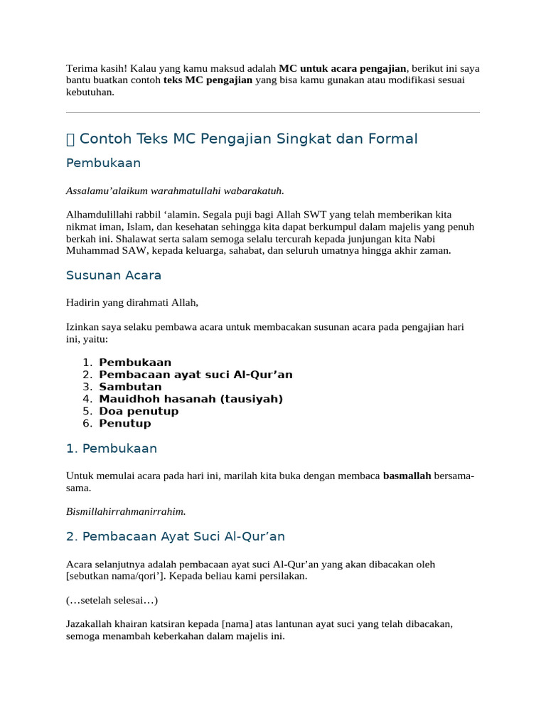 Teks MC Pengajian Singkat dan Formal | PDF