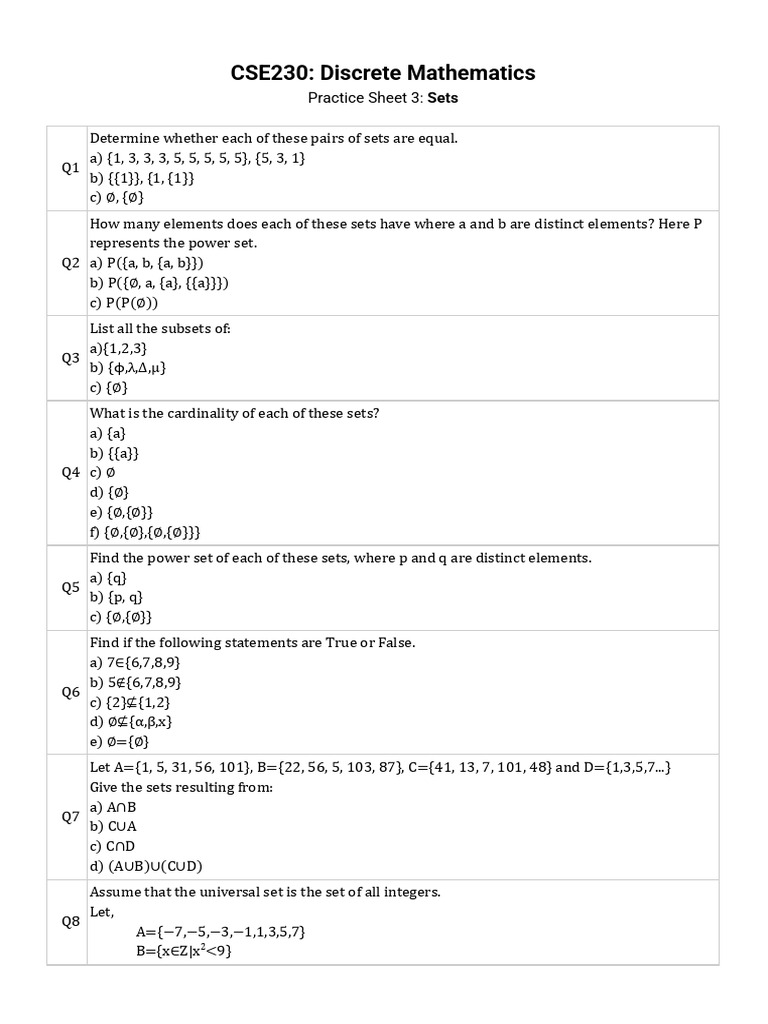 Problemset 3 - Sets | PDF | Empty Set | Mathematical Concepts