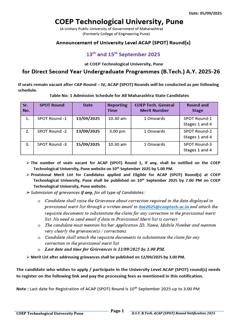 COEP B.Tech ACAP Spot Round 2025 Schedule | PDF