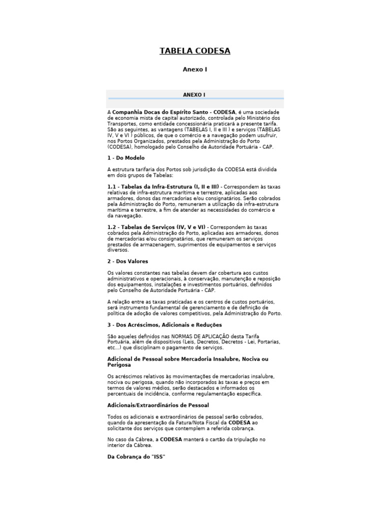 Tabela Codesa | PDF | Navios | Setor terciário da economia