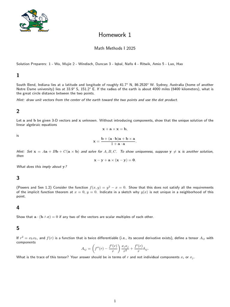 Math Methods I Homework Solutions 2025 | PDF