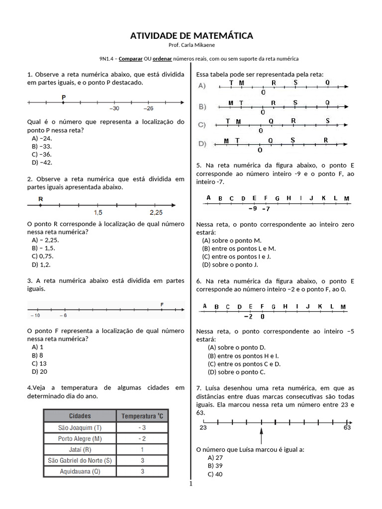 Atividade de Matemática: Números Reais e Reta Numérica | PDF | Linha ...
