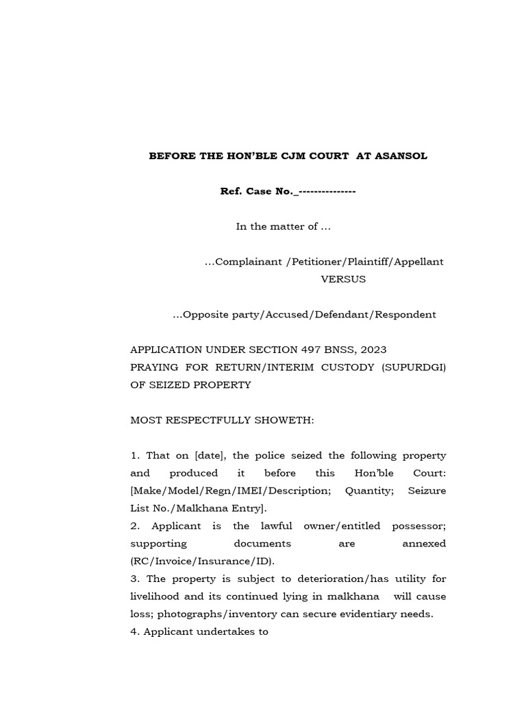 Application for Interim Custody of Seized Property | PDF