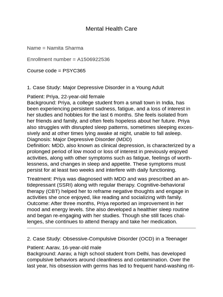 Mental Health Case Studies Overview | PDF | Obsessive–Compulsive ...