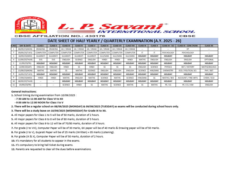 Half Yearly Exam Schedule 2025-26 | PDF | Chess Theory | Chess