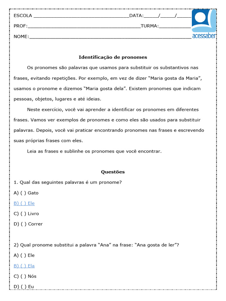 Atividade de Portugues Identificacao de Pronomes 6 Ano Com Resposta | PDF