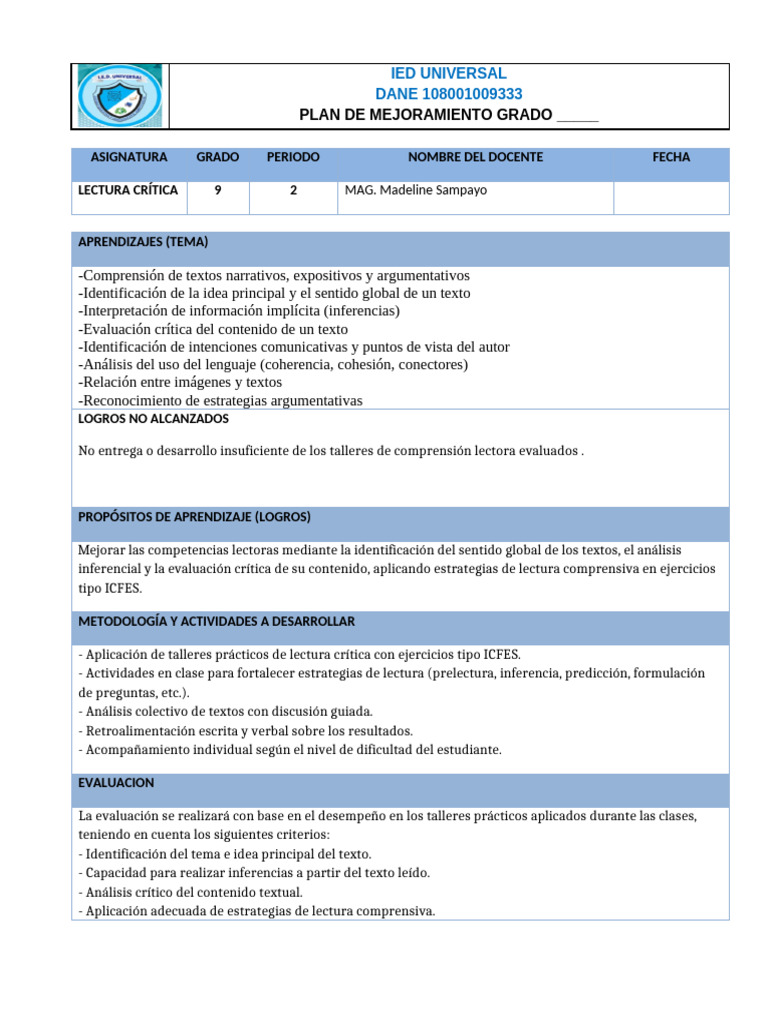 Plan de Mejoramiento en Lectura Crítica | PDF | Comprensión lectora ...