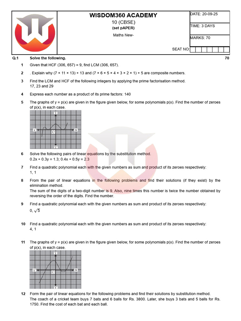 10th Cbse 2 Marks Question | PDF | Polynomial | Factorization