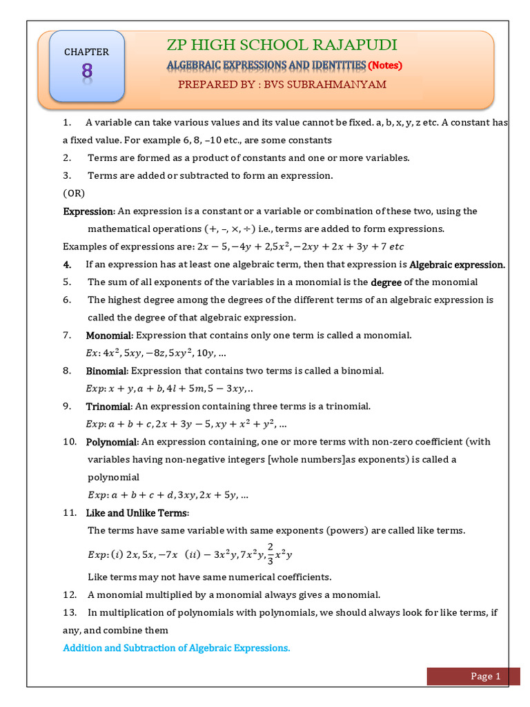 Understanding Algebraic Expressions and Operations | PDF | Subtraction ...