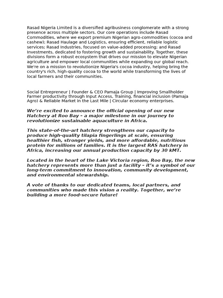 Rasad Nigeria Limited: Agribusiness Innovations | PDF