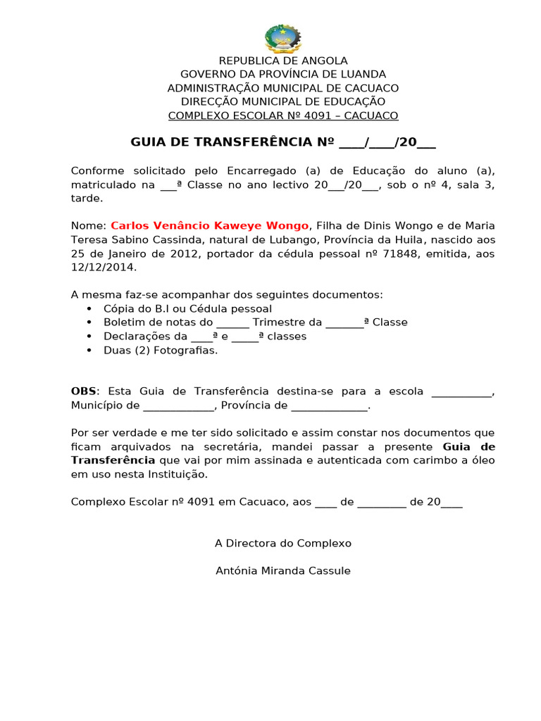 Modelo de Tranferencia 2023 | PDF