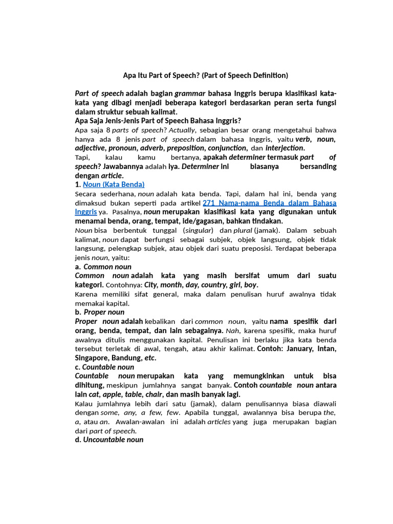 Pengertian dan Jenis Part of Speech | PDF