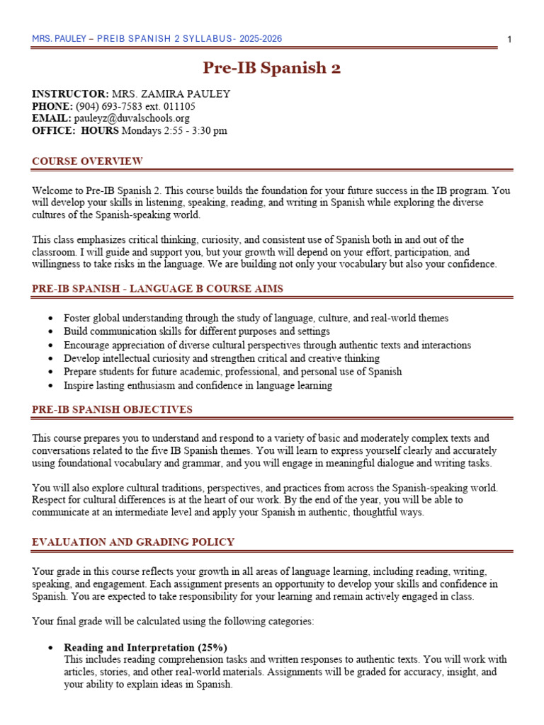 Pre-IB Spanish 2 Syllabus 2025-2026 | PDF | Vocabulary | Hispanic And ...