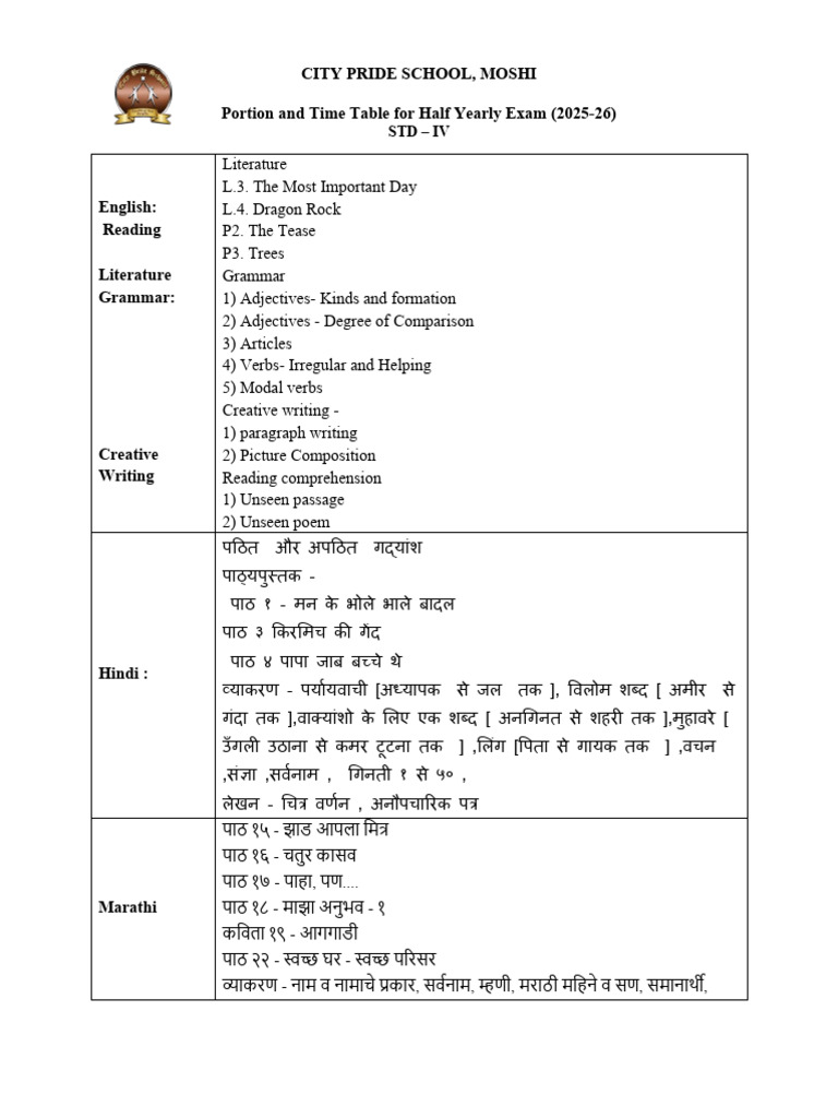 STD 4 Portion and Time Table HYE | PDF