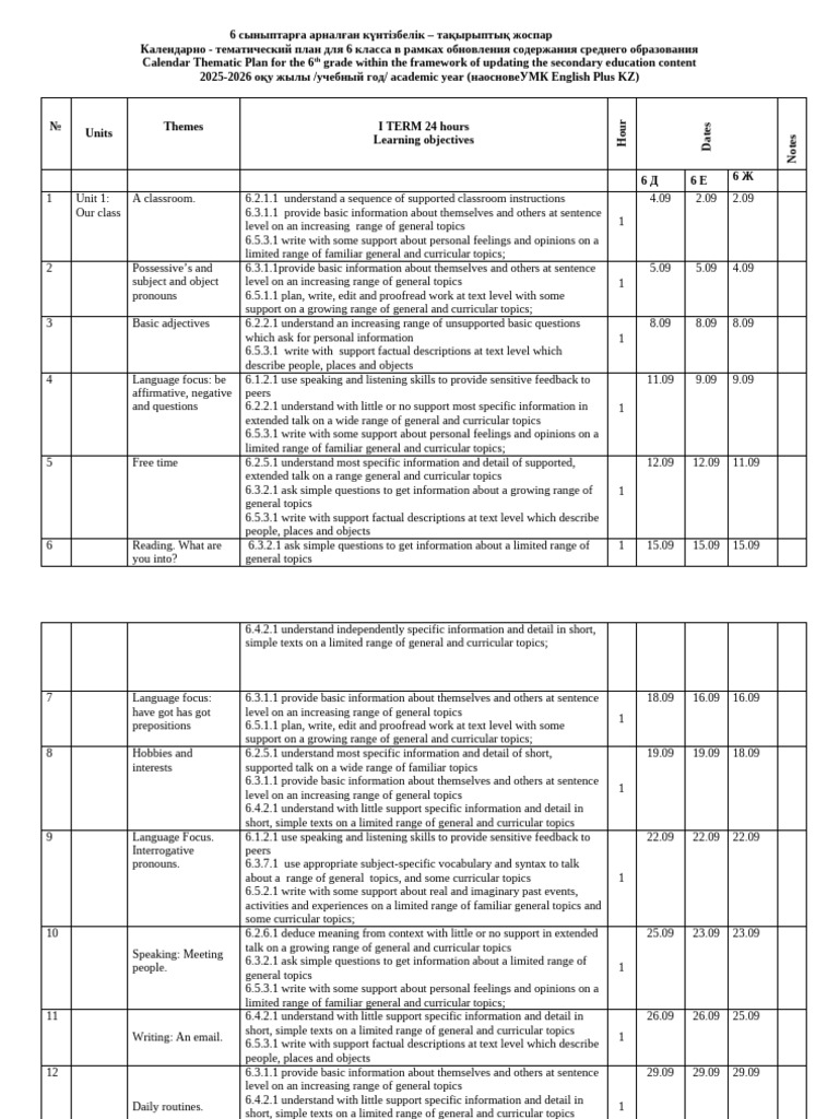6th Grade Thematic Calendar Plan 2025-2026 | PDF | Noun | Vocabulary