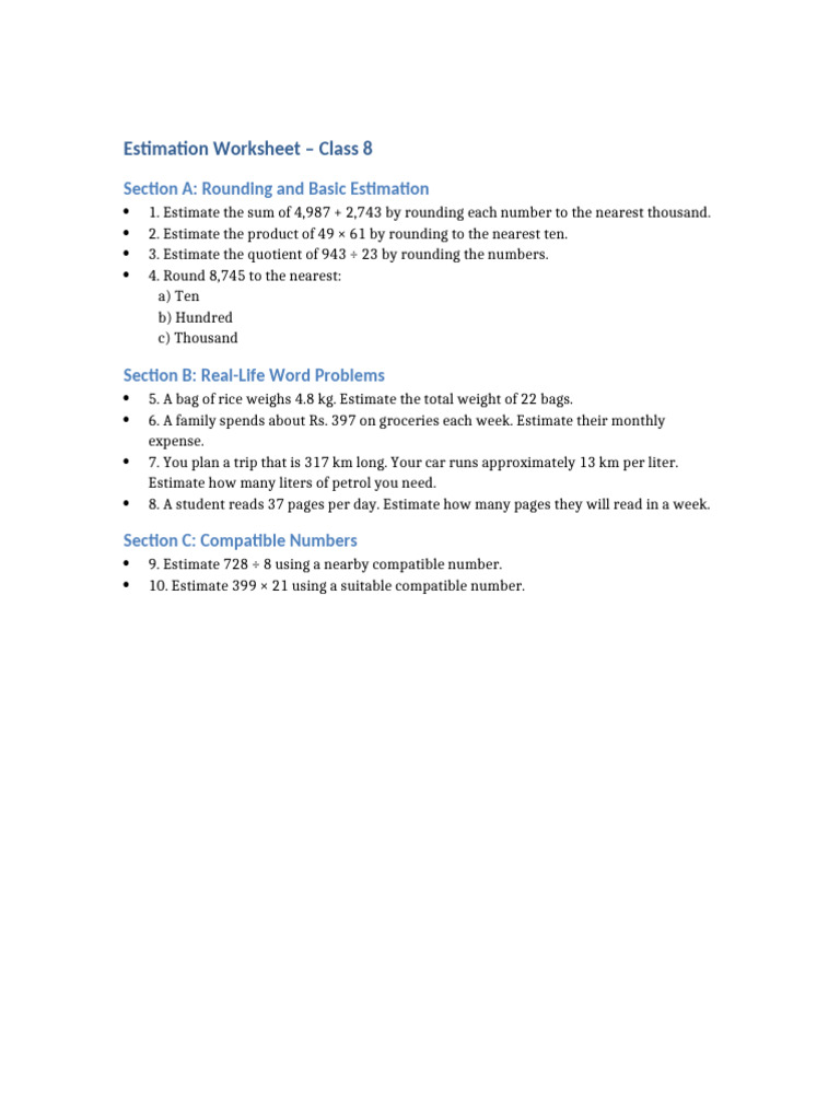 Estimation Worksheet for Grade 8 | PDF