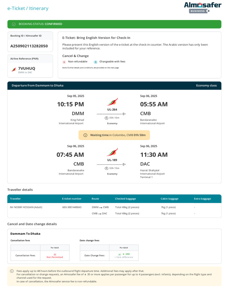 Flight Eticket A250902113282050 | PDF | Travel Visa | Transport